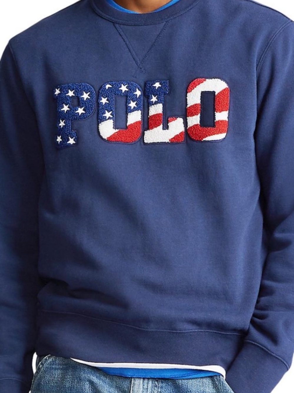 Polo by Ralph Lauren Navy Crewneck Sweatshirt with American Flag 'POLO' Appliqué